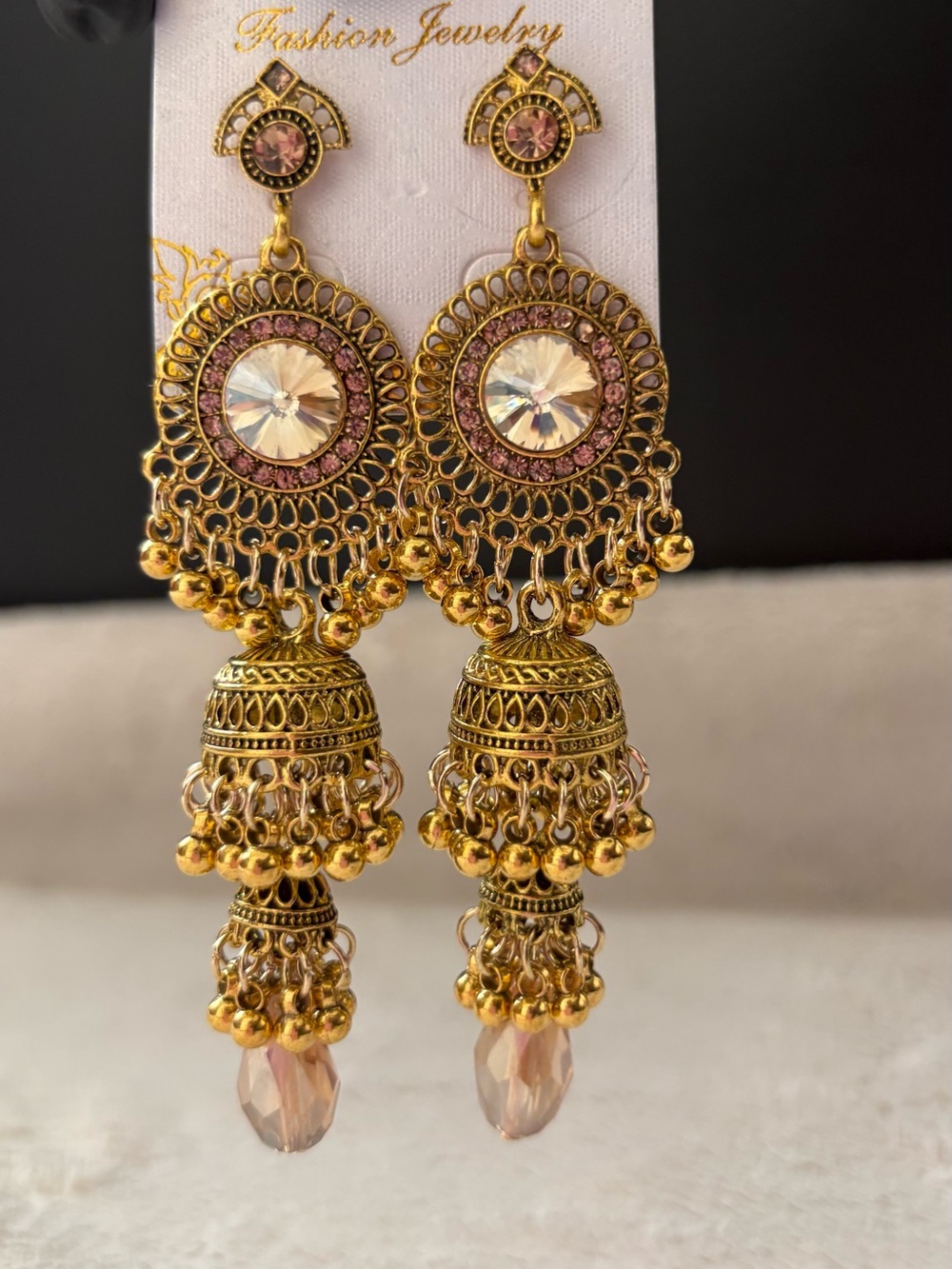 Fashion Jewelry Gold-tone Jhumka Earrings with Pink and Clear Accents